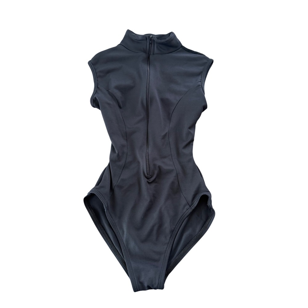 Bal Togs size Petite Black Mock Neck Half Zip Lace Back Cutout Leotard Bodysuit